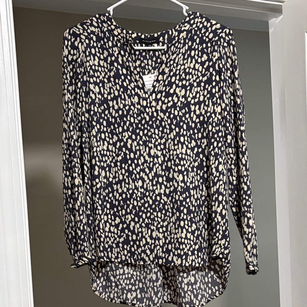Pleione Navy and Cream Patterned Blouse